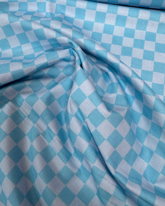 Blue checkerboard Polycotton Fabric